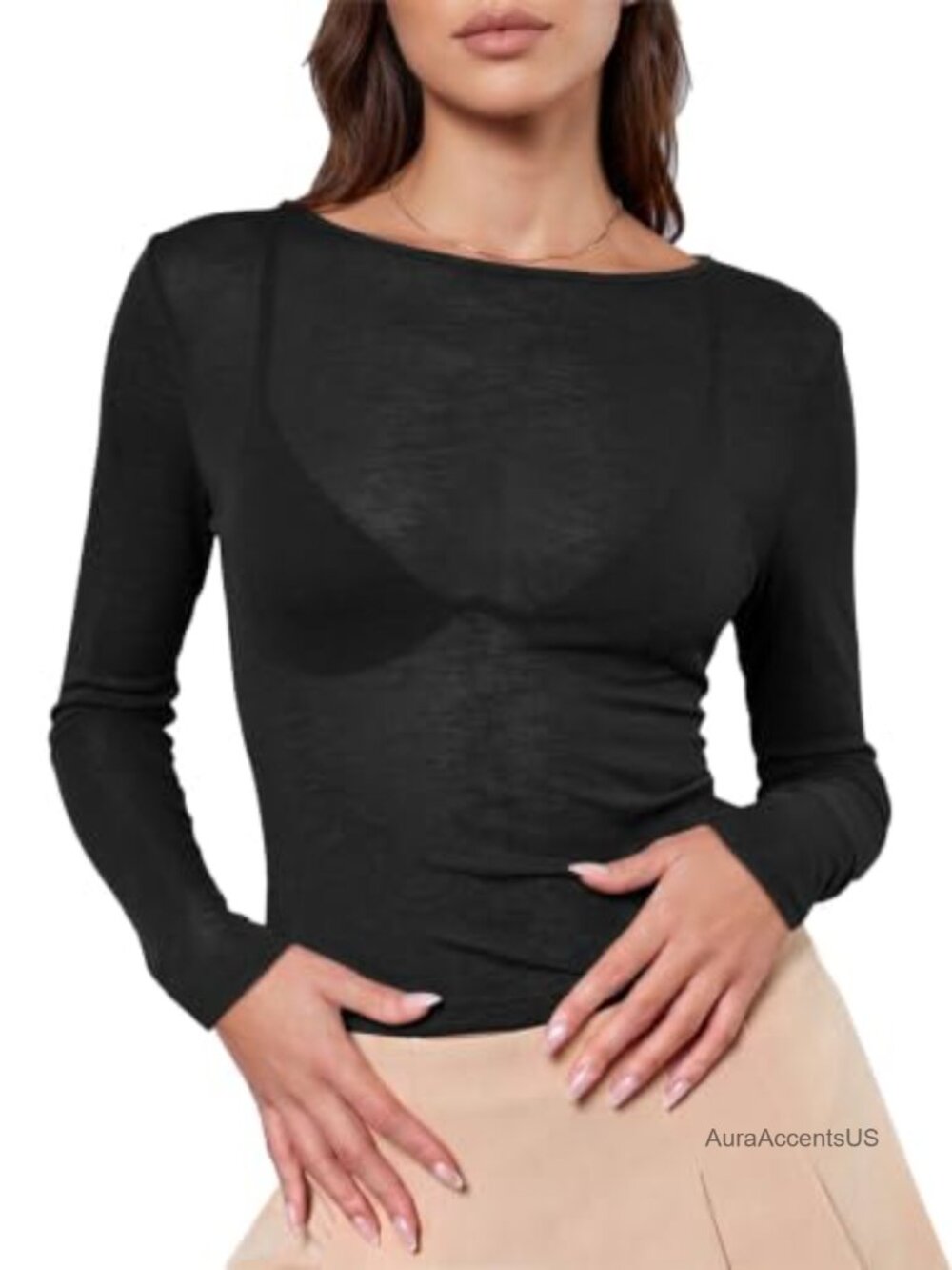 Women's Sheer Mesh Long Sleeve T-Shirt Y2K Slim Fit Boat Neck